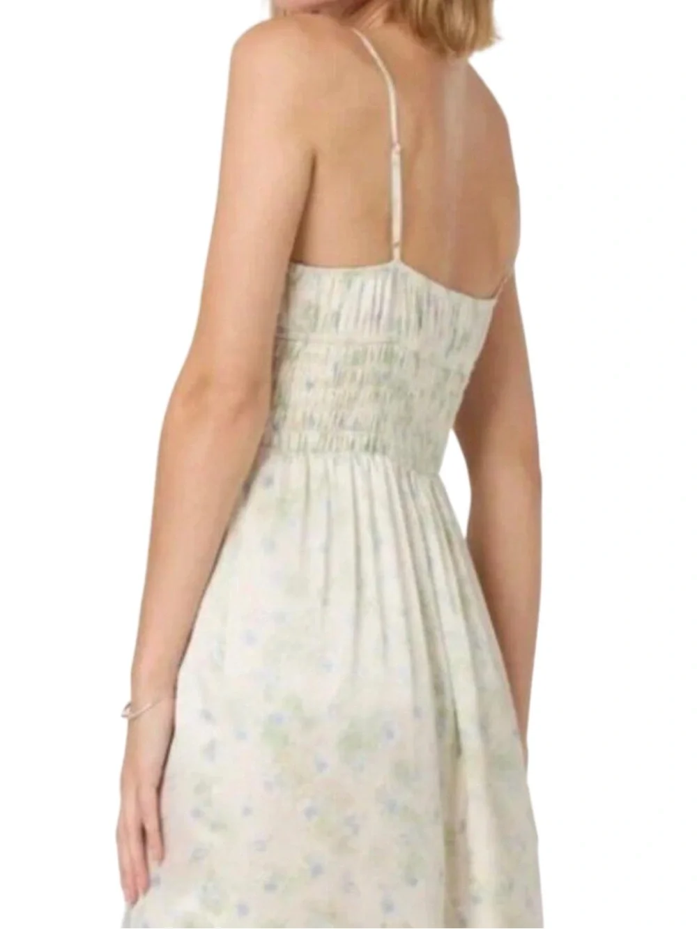 NWT ASTR the Label silky milkmaid smocked ditzy cream blue floral midi dress XS